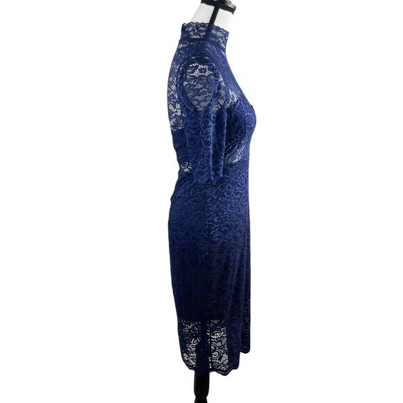 Express Women's Sheath Dress Size 4 Navy Blue Floral Lace Mock Neck Short Sleeve - Picture 4 of 12
